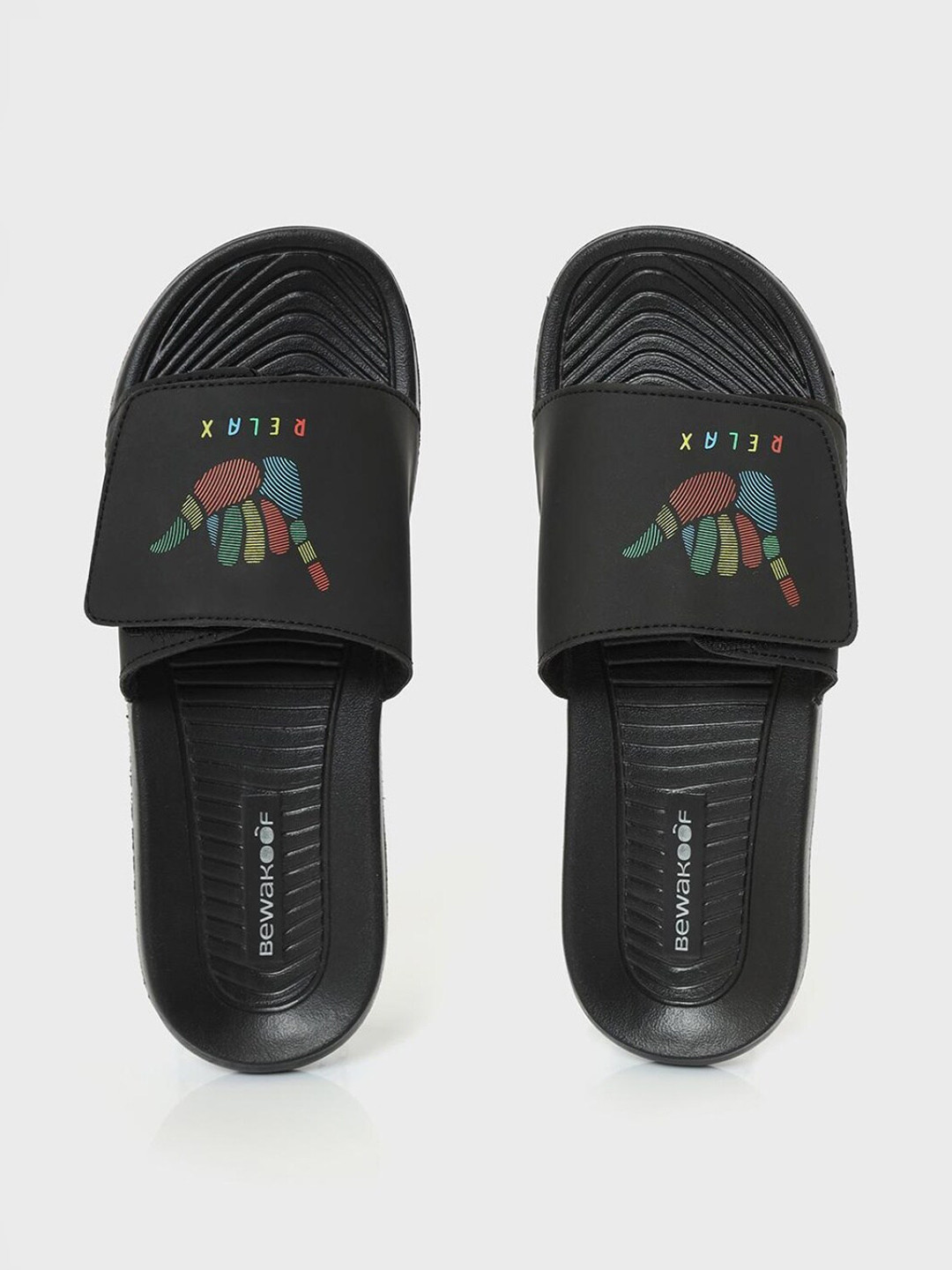 

Bewakoof Men Black Relax Printed Adjustable Strap Rubber Sliders