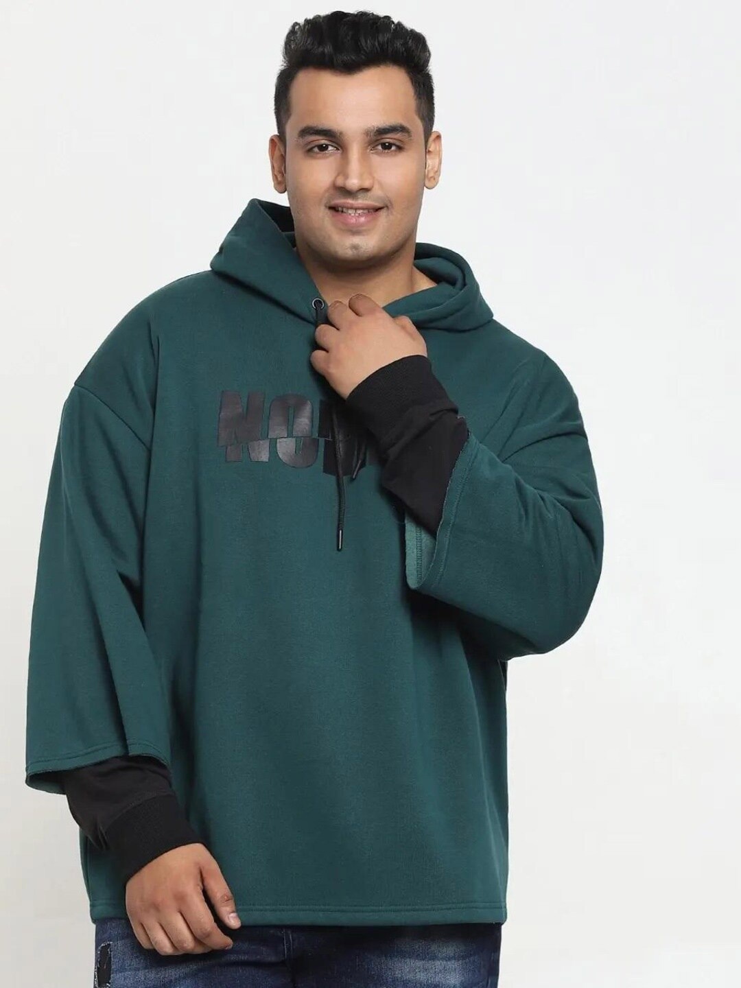 

Bewakoof Plus Men Plus Size Teal Green Printed Hooded Sweatshirt