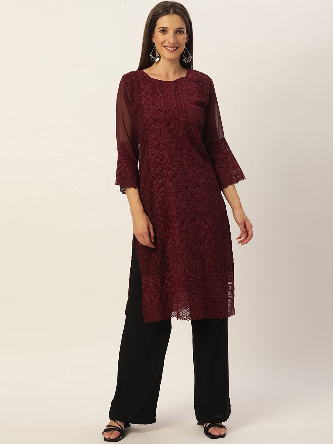 

SWAGG INDIA Women Maroon Chikankari embroidery kurta