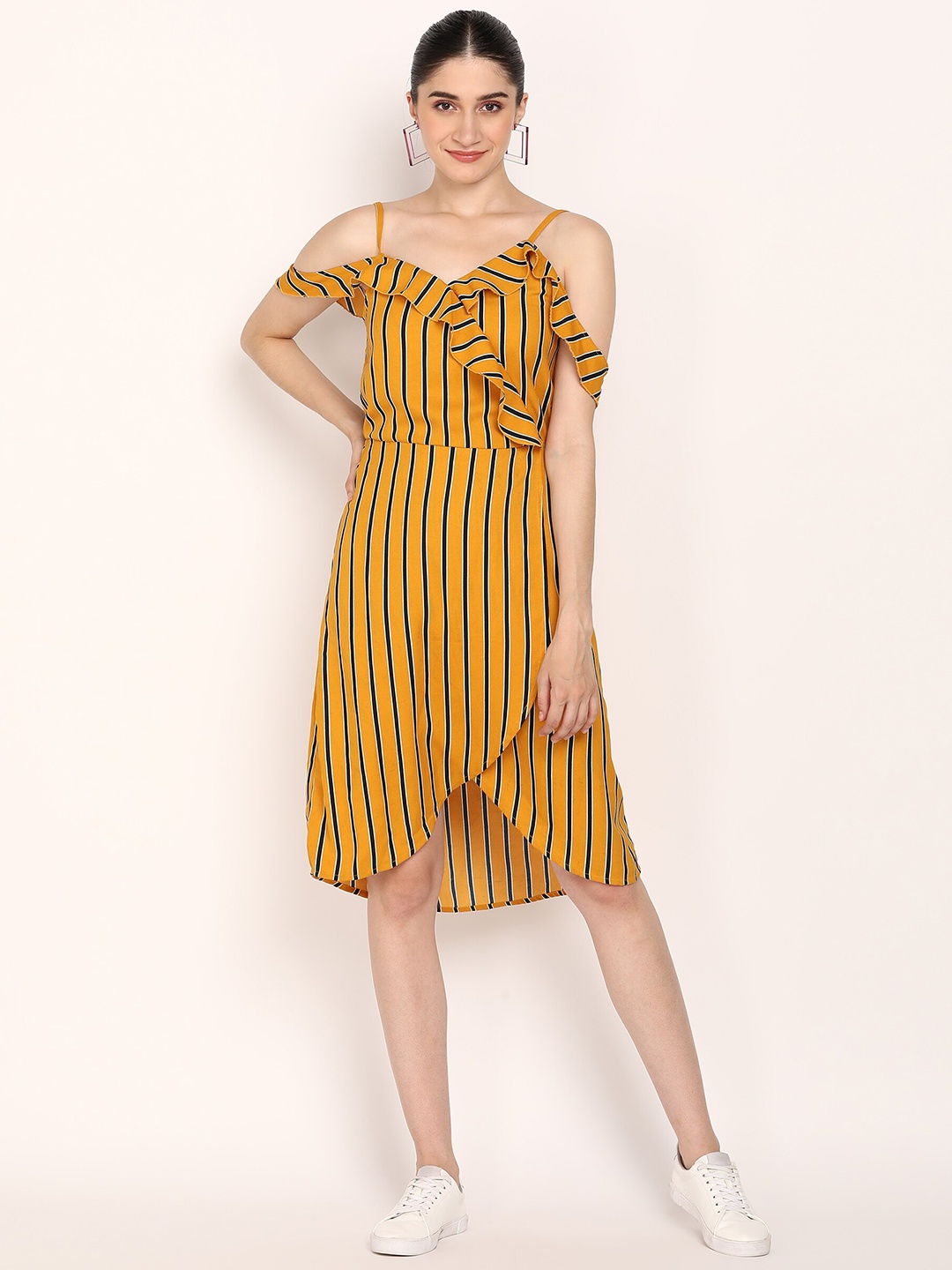 

DODO & MOA Women Mustard Yellow Striped Crepe A-Line Dress