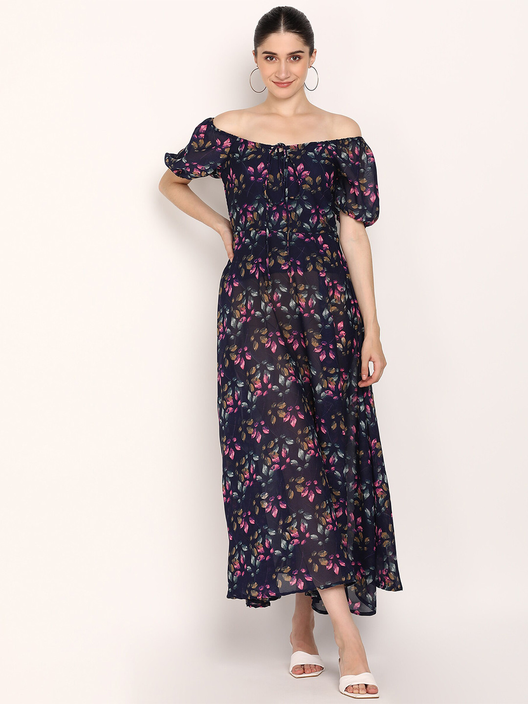 

DODO & MOA Navy Blue Floral Off-Shoulder Georgette Maxi Dress