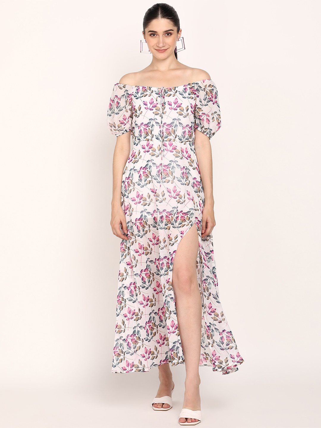 

DODO & MOA Multicoloured Floral Off-Shoulder Georgette Maxi Dress, Multi