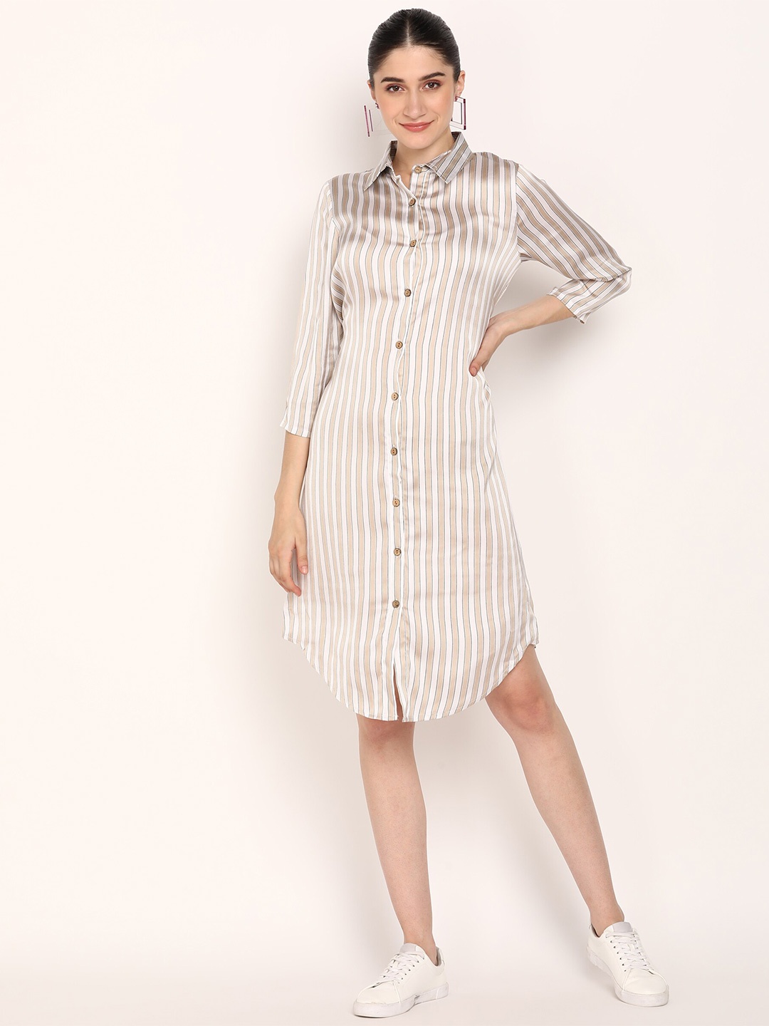 

DODO & MOA Women Beige Striped Georgette Shirt Dress