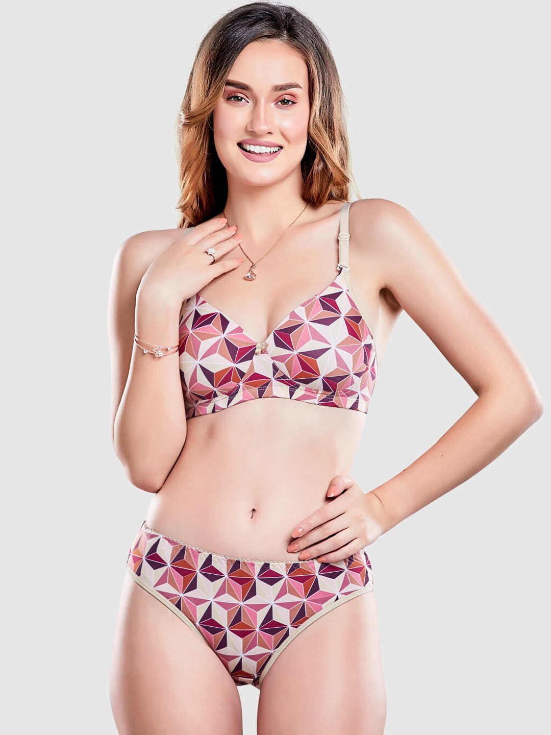 

Lady Love Women Pink & Beige Abstract Printed Lingerie Set, White