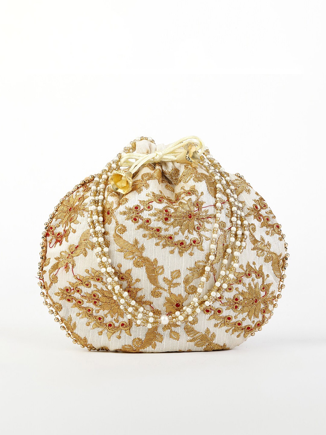 

gaura pakhi White & Gold-Toned Embroidered Potli Clutch