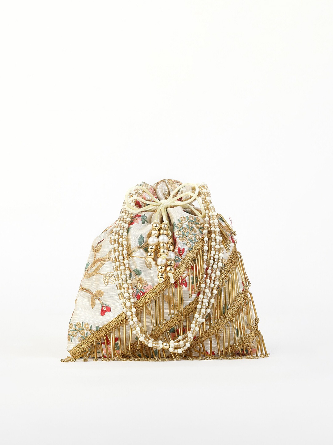 

gaura pakhi Cream-Coloured & Red Embroidered Fringed Potli Clutch