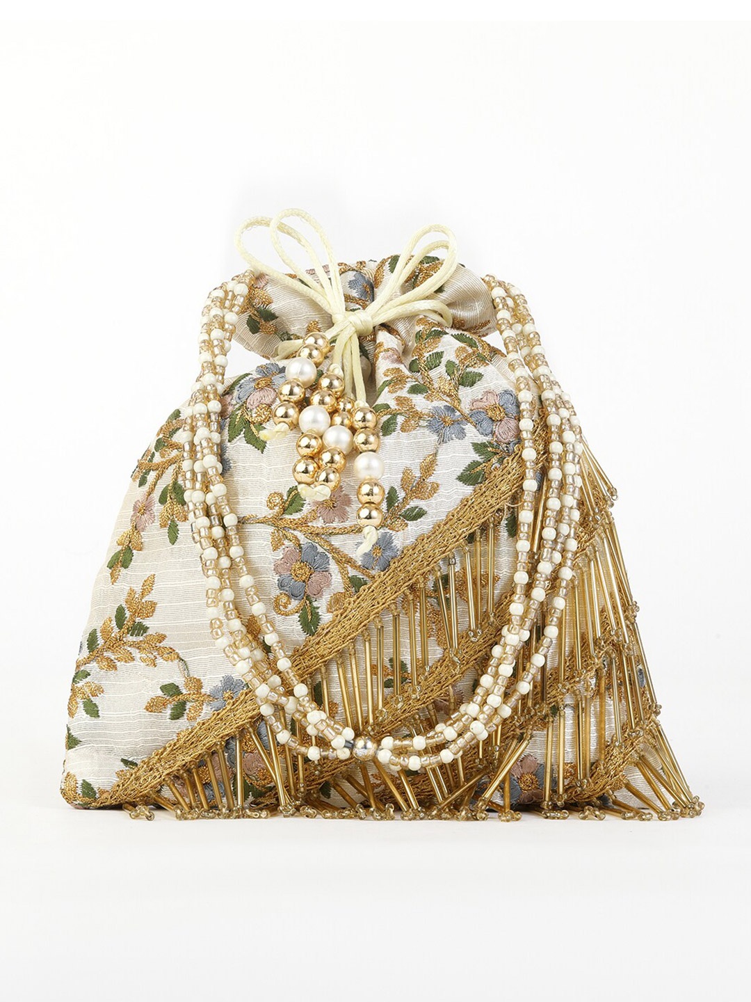 

gaura pakhi Cream-Coloured & Grey Embroidered Fringed Potli Clutch