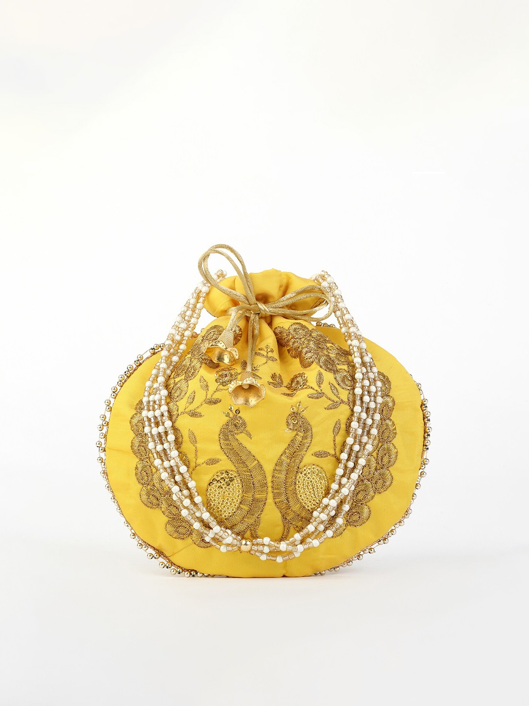 

gaura pakhi Women Mustard & Gold-Toned Embroidered Potli Clutch