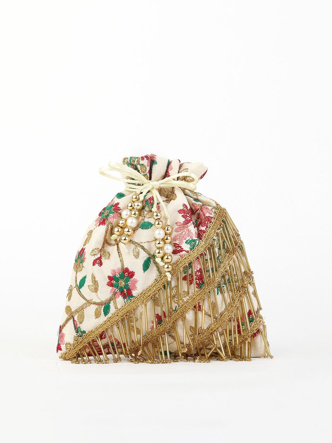 

gaura pakhi Women White & Green Embroidered Fringed Potli Clutch