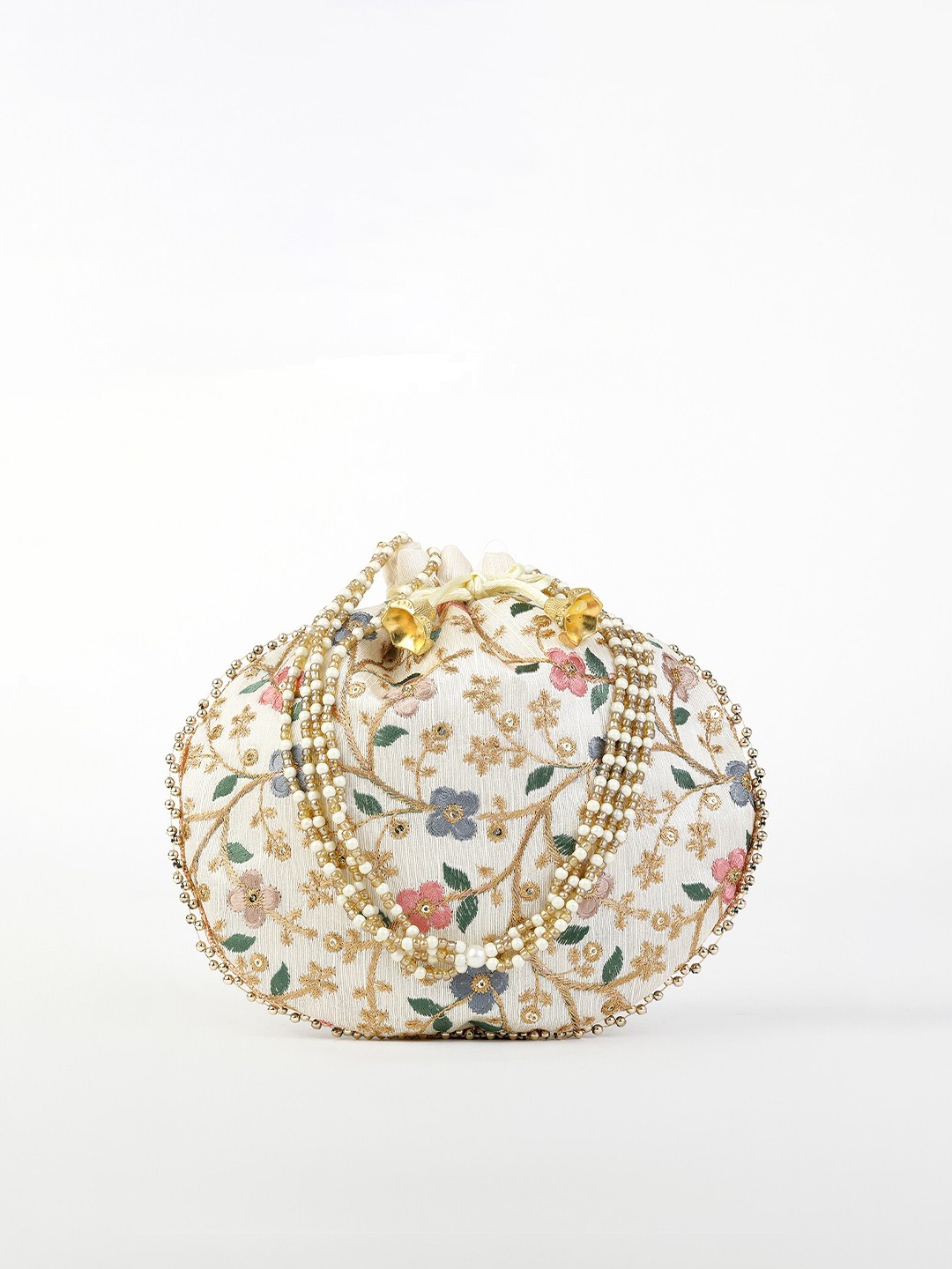 

gaura pakhi Women White & Peach-Coloured Embroidered Potli Clutch