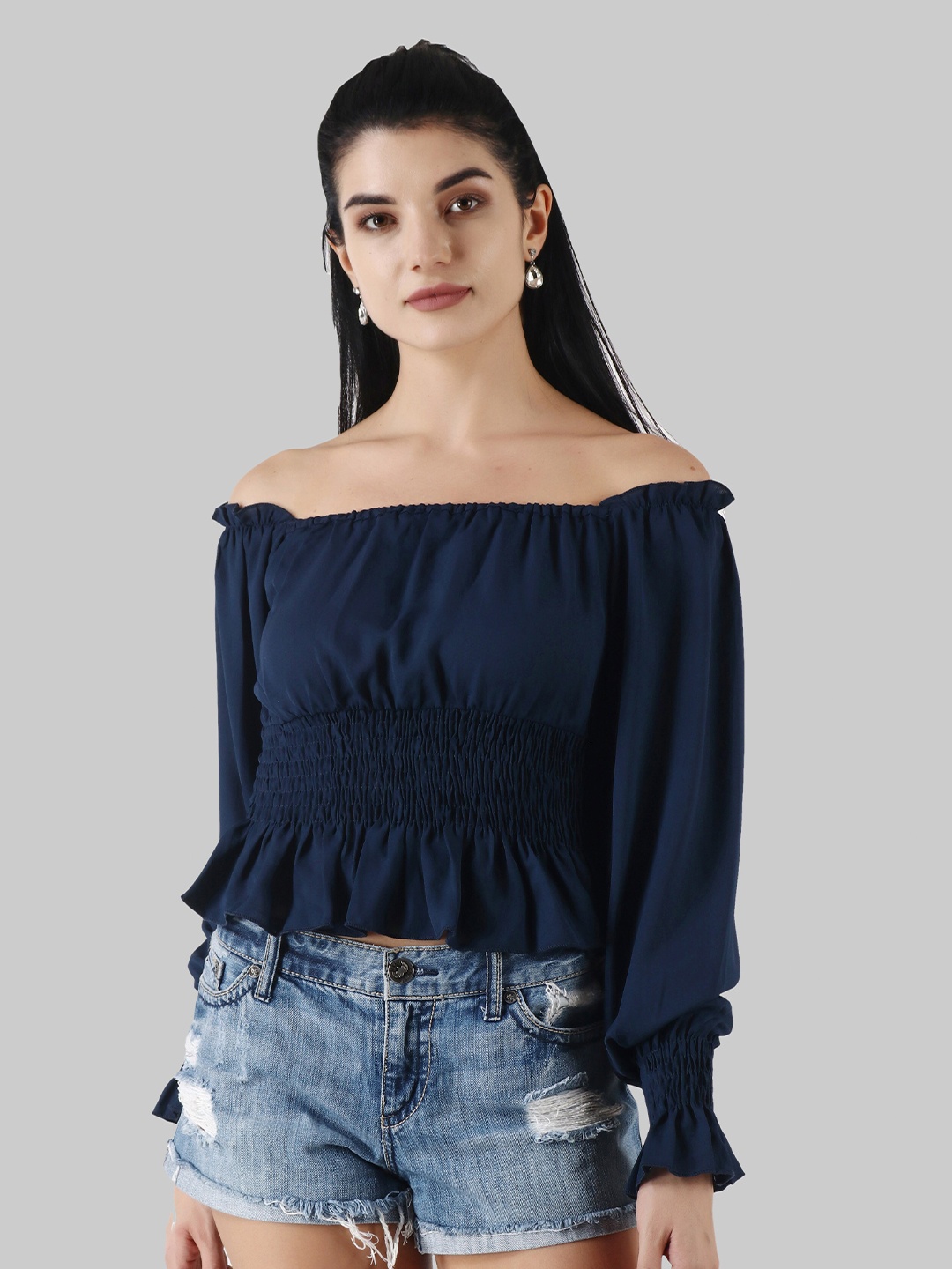 

Popwings Women Navy Blue Solid Off-Shoulder Smocking Bardot Crop Top