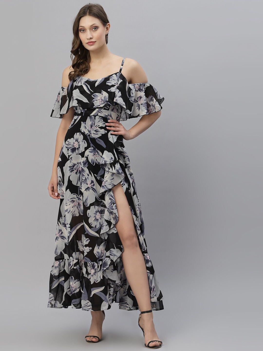 

KASSUALLY Women Black Floral Georgette Ruffled Maxi Dress