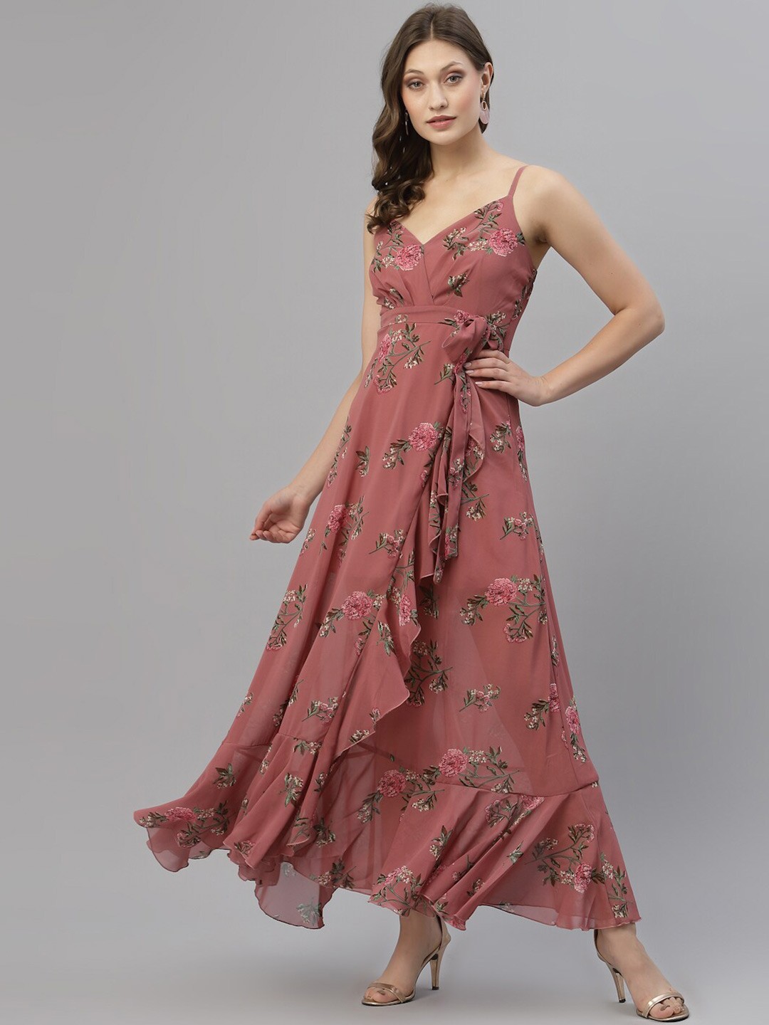 

KASSUALLY Women Pink Floral Georgette Ruffled Maxi Dress