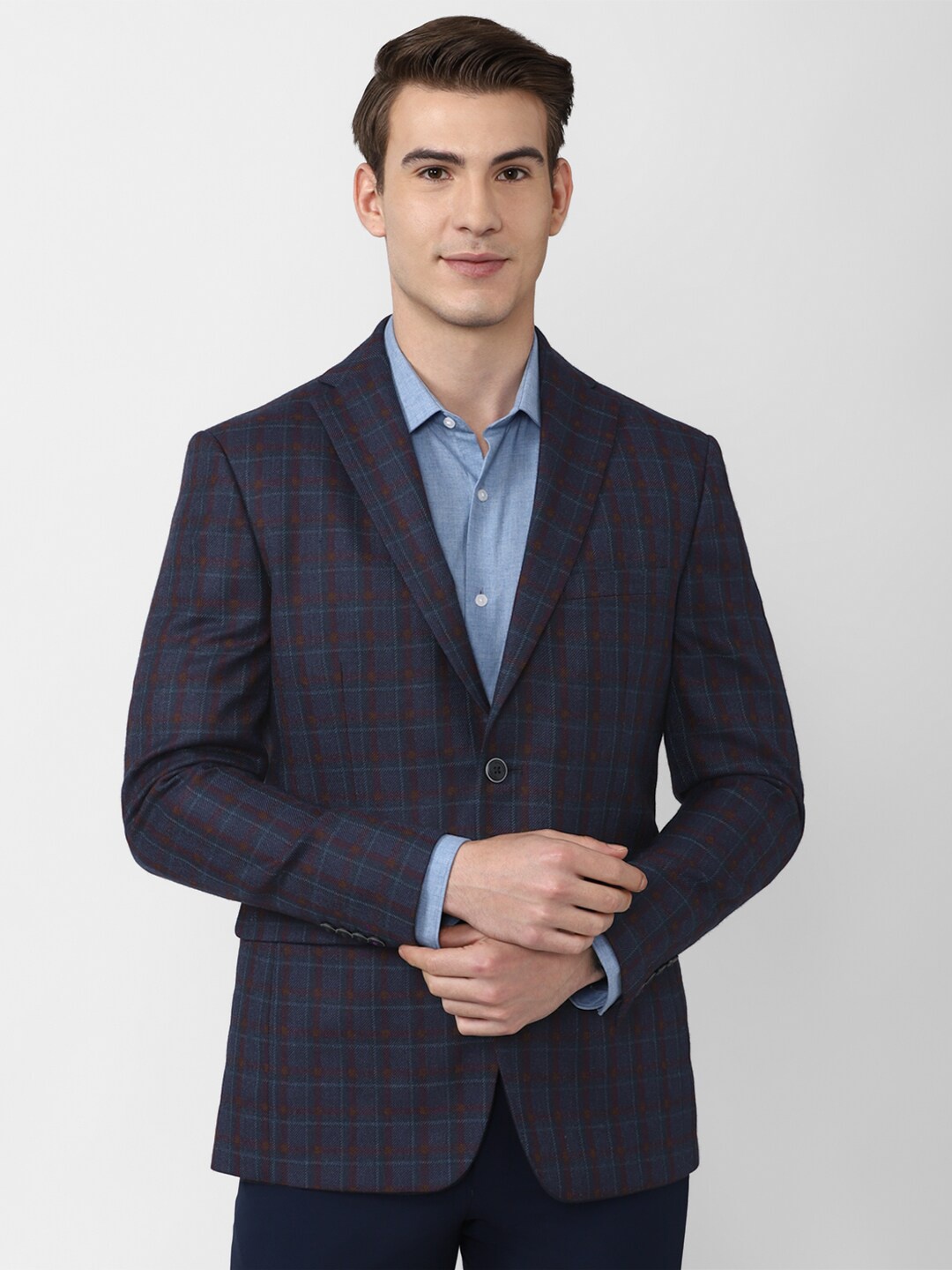 

Peter England Elite Men Navy Blue Checked Slim-Fit Single-Breasted Formal Blazers