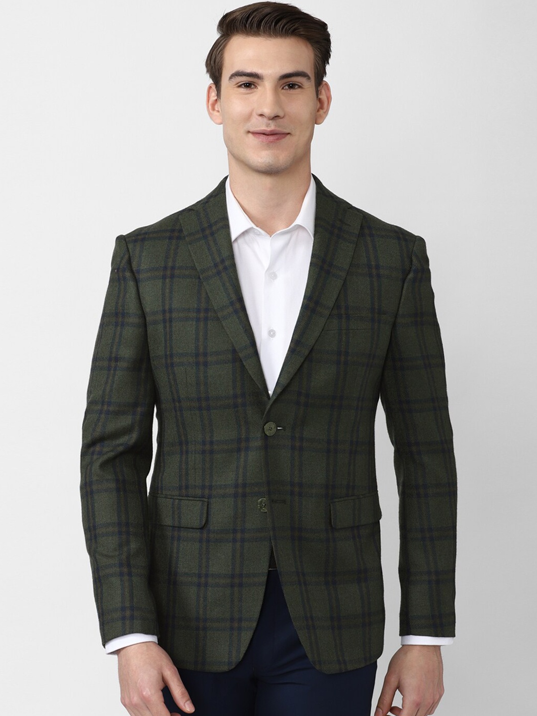 

Peter England Elite Men Olive Green Checked Slim-Fit Single-Breasted Formal Blazers