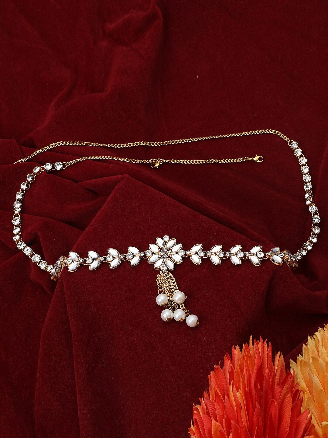 

ANIKAS CREATION Gold-Plated White Kundan-Studded & Beaded Kamarbandh