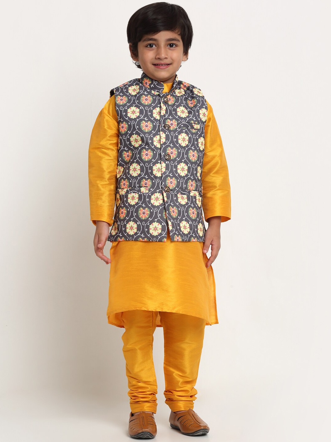 

Benstoke Boys Yellow & Grey Solid Straight Kurta with Churidar & With Printed Nehru Jacket