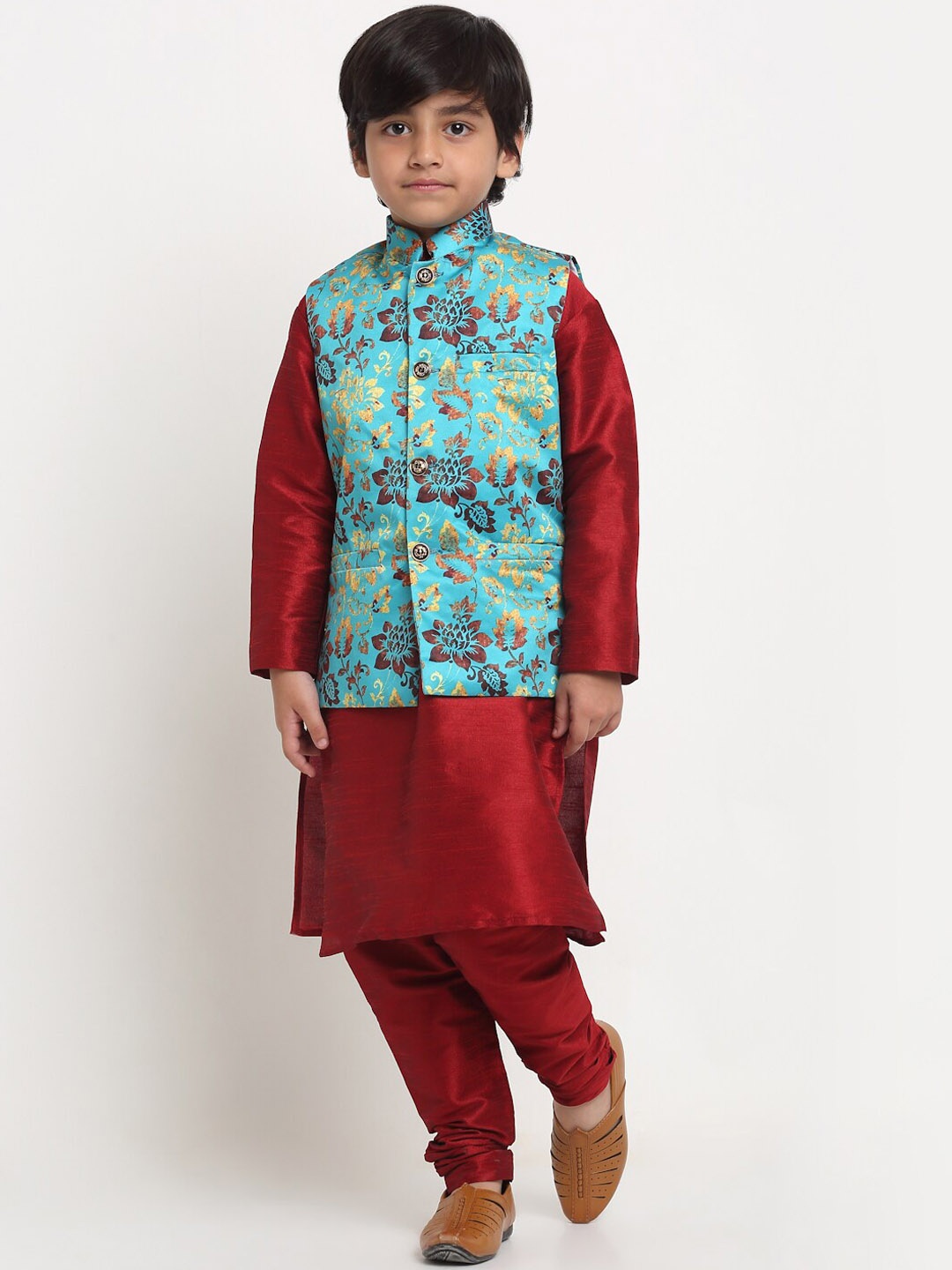 

Benstoke Boys Maroon Kurta with Churidar With Jacket