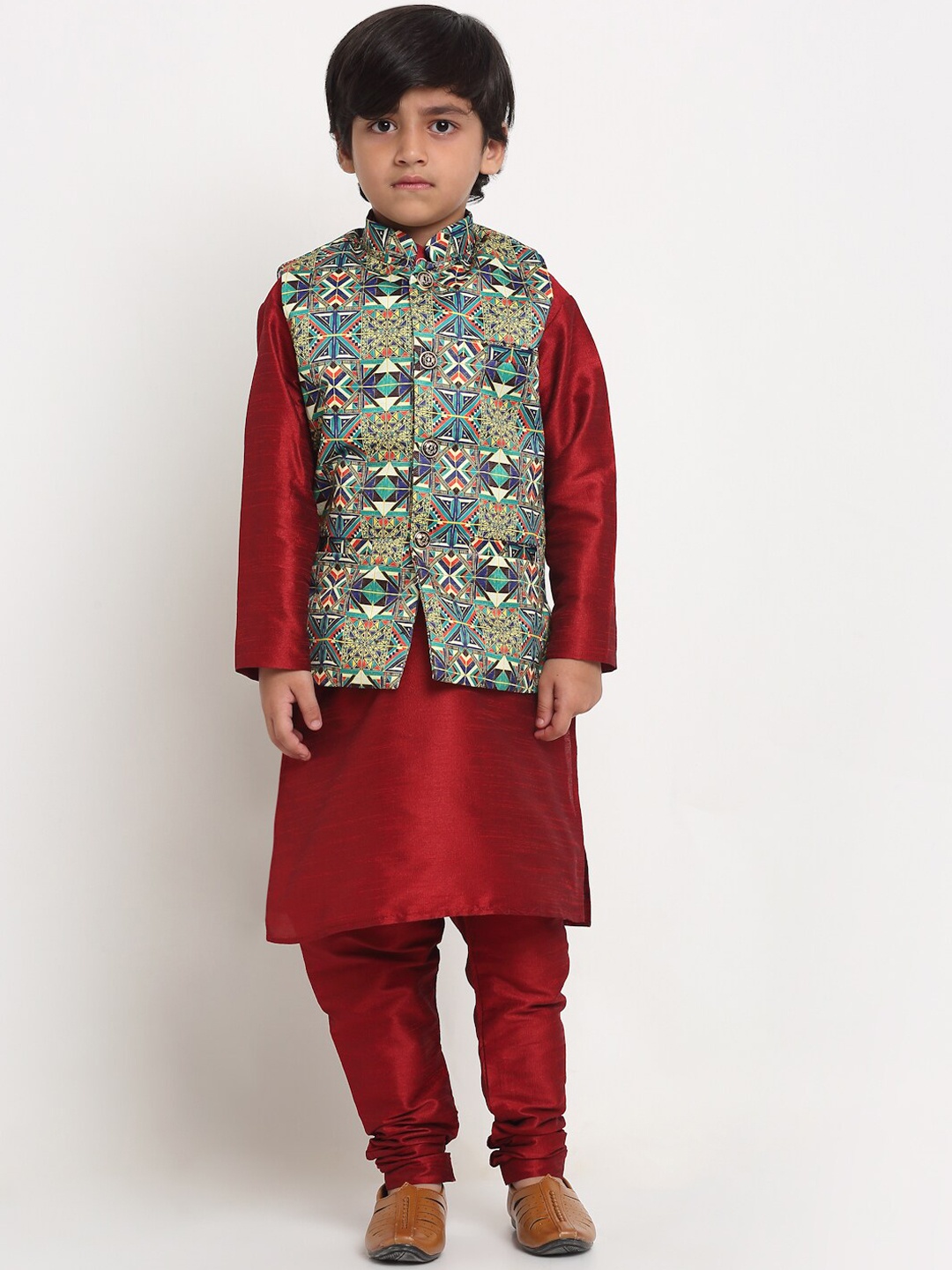 

Benstoke Boys Maroon Kurta with Churidar With Jacket