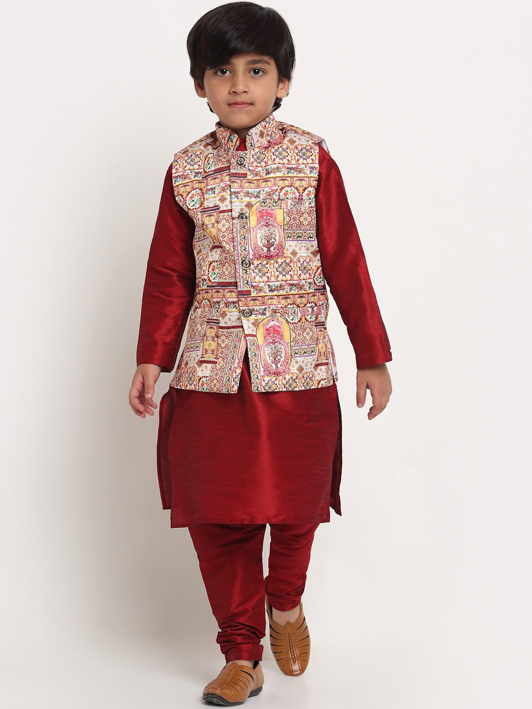 

Benstoke Boys Maroon Kurta with Churidar & Nehru Jacket