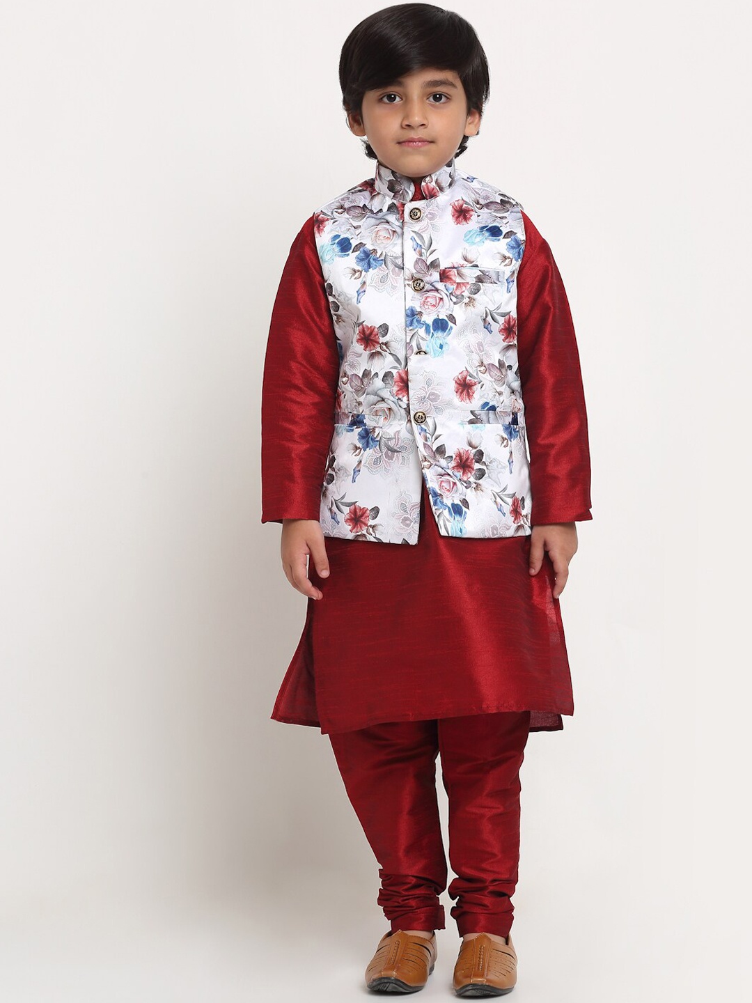 

Benstoke Boys Maroon Floral Printed Kurta with Churidar With Nehru Jacket