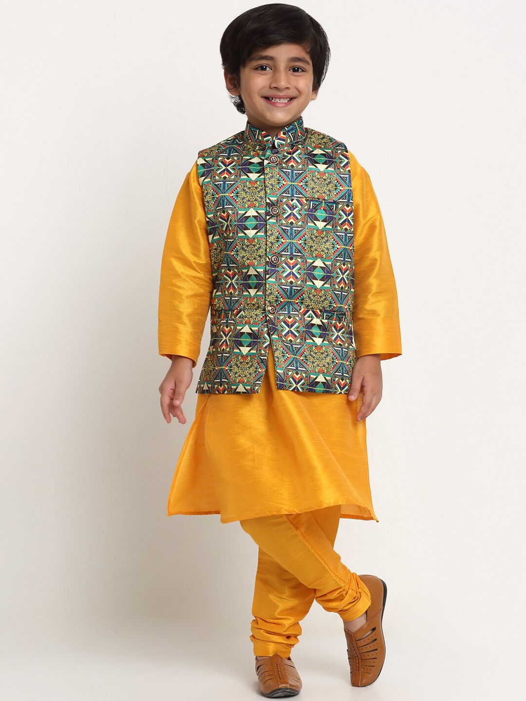 

Benstoke Boys Yellow Kurta with Churidar & Nehru Jacket