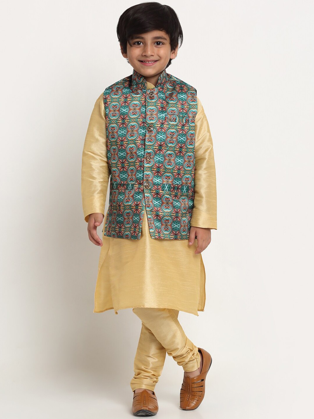 

Benstoke Boys Gold-Toned Paisley Kurta with Churidar & Nehru Jacket