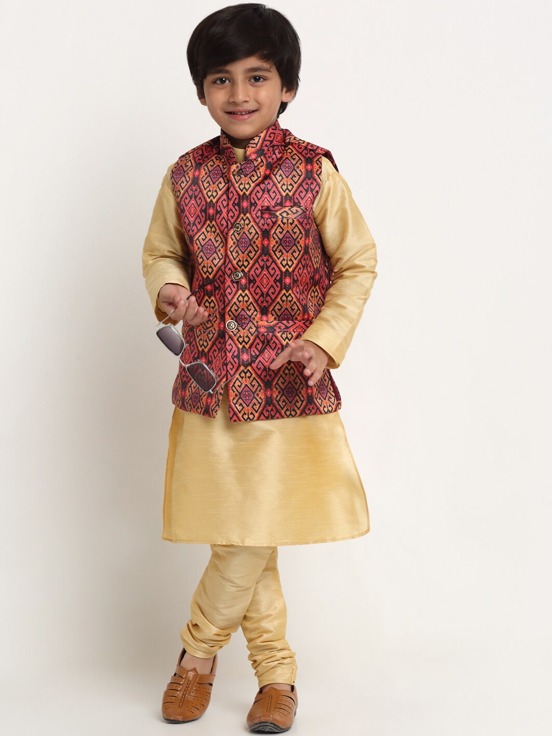 

Benstoke Boys Gold-Toned Solid Kurta & Churidar With Nehru Jacket