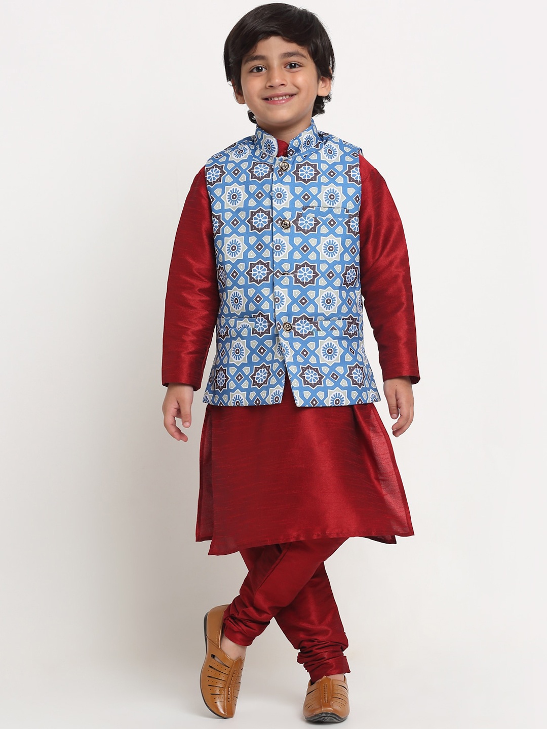 

Benstoke Boys Maroon Kurta with Churidar With Jacket