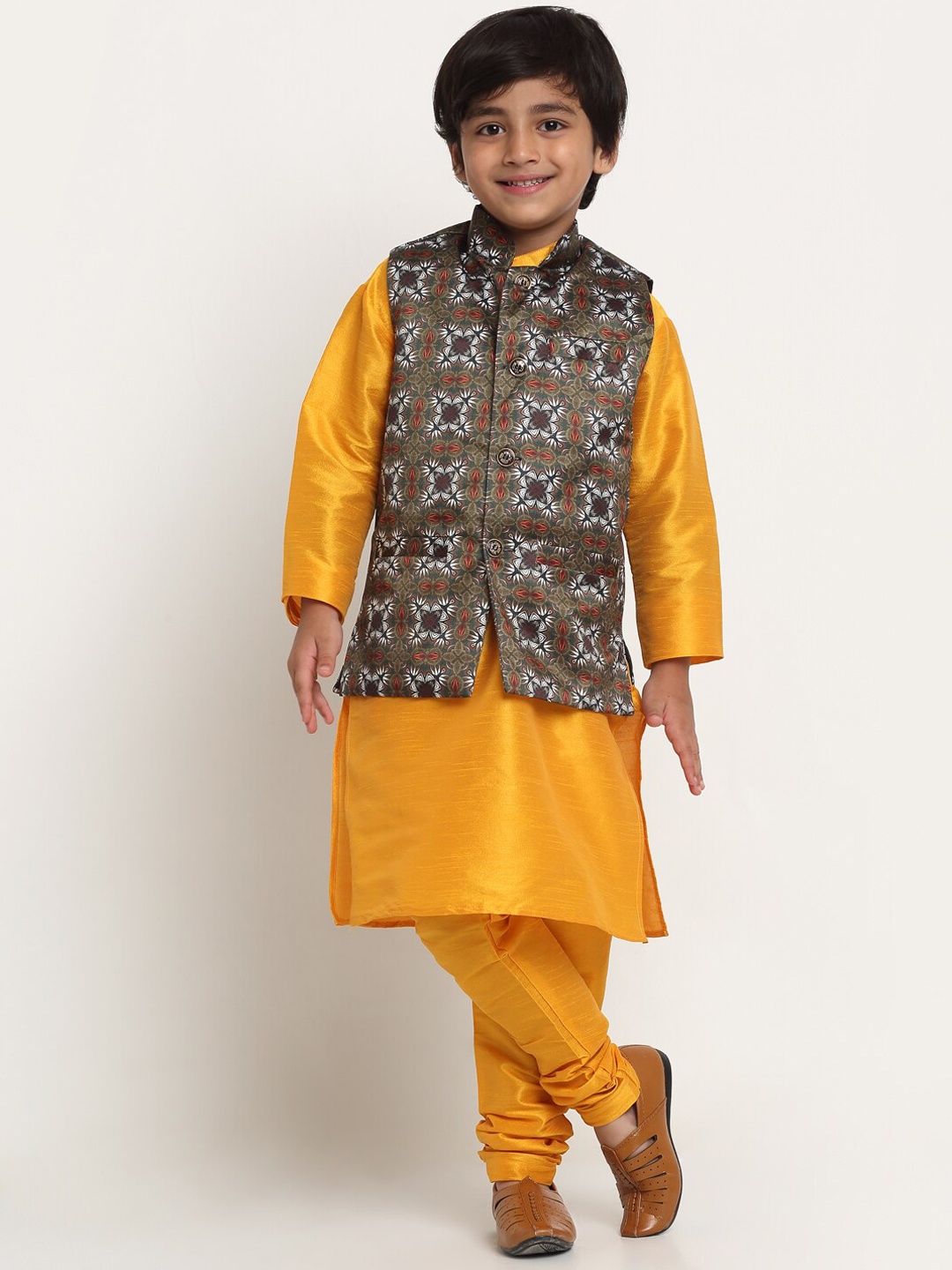 

Benstoke Boys Yellow & Olive Green Kurta with Churidar & Nehru Jacket