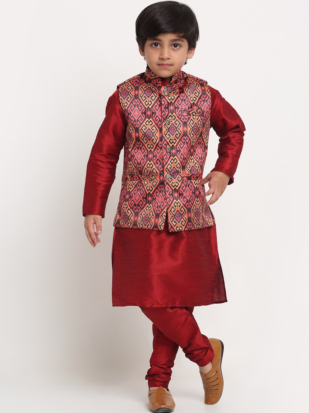 

Benstoke Boys Maroon Solid Kurta with Churidar & Rust Printed Nehru jacket