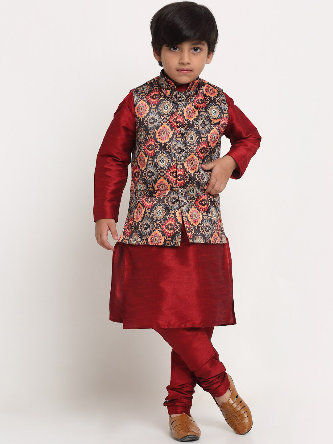 

Benstoke Boys Maroon Ethnic Motifs Printed Kurta with Churidar