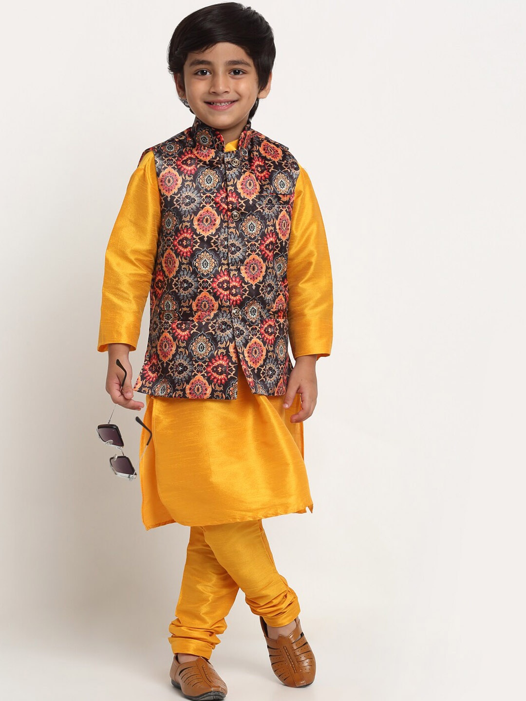 

Benstoke Boys Yellow Mandarin Collar Kurta & Churidar With Printed Nehru Jacket