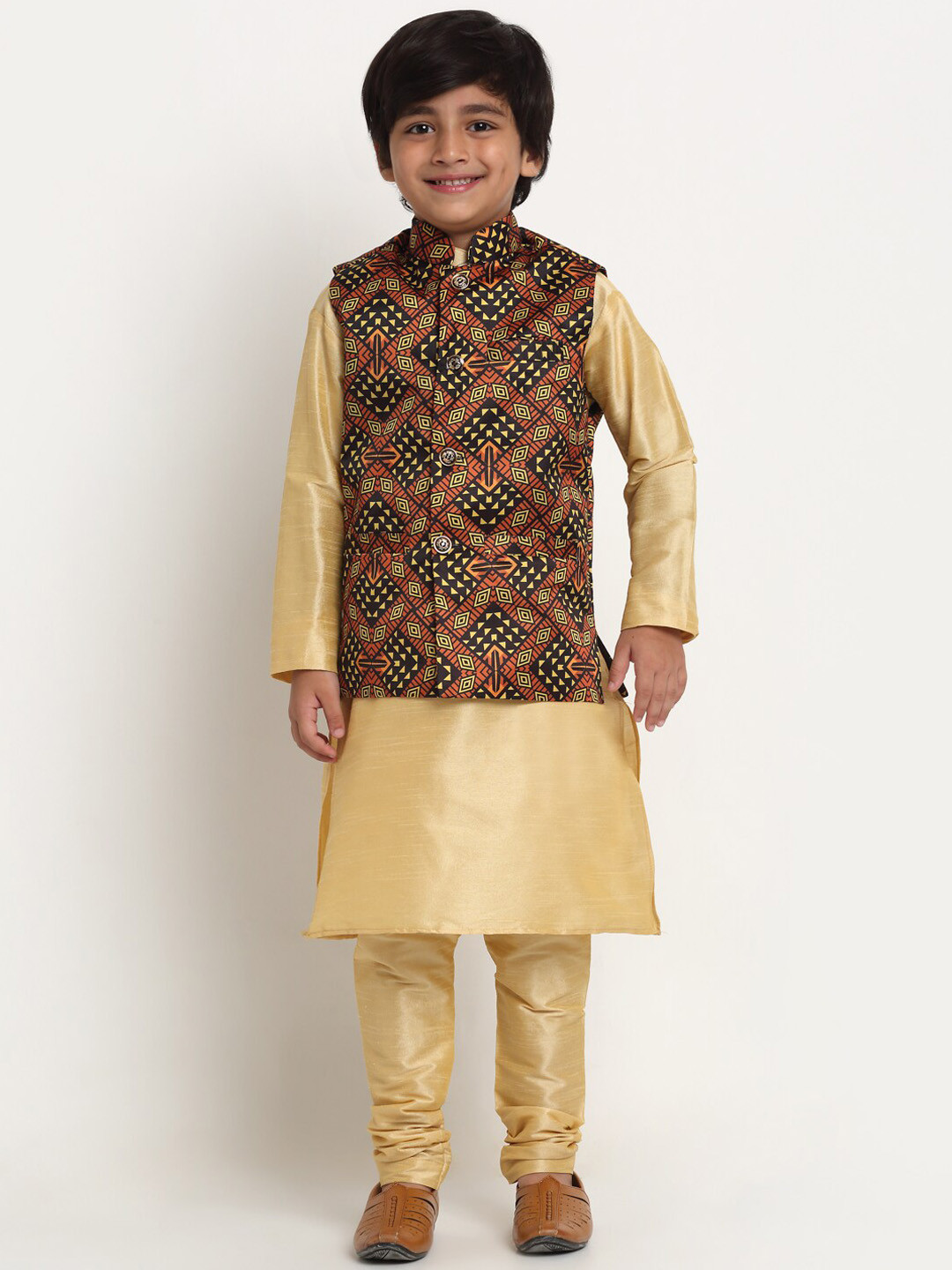 

Benstoke Kids Boys Gold Toned Kurta With Churidar And Printed Nehru Jacket