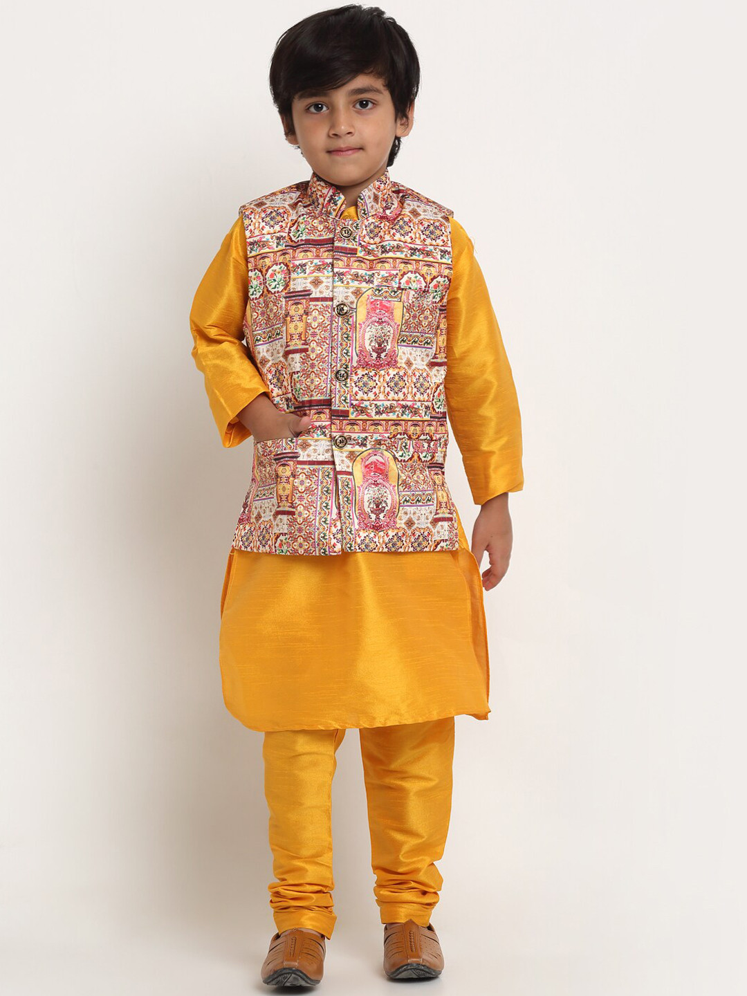 

Benstoke Boys Yellow Ethnic Motifs Kurta with Pyjamas & Pink Printed Nehru Jacket