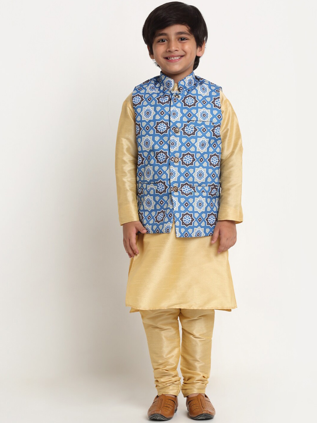 

Benstoke Boys Gold-Toned & Blue Kurta with Churidar & Nehru Jacket