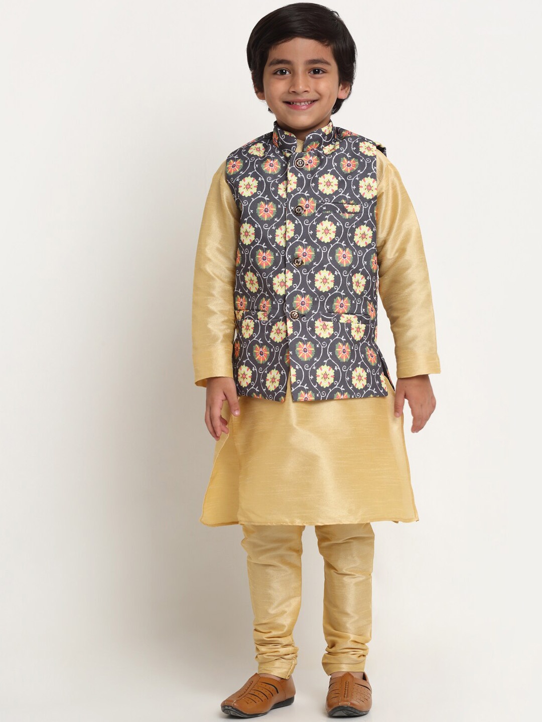 

Benstoke Boys Gold-Toned Kurta with Churidar & Floral Printed Nehru Jacket