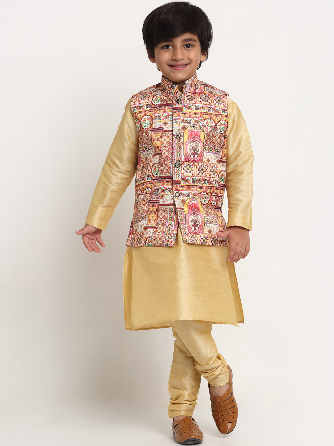 

Benstoke Boys Gold-Toned Printed Kurta with Churidar and Nehru Jacket