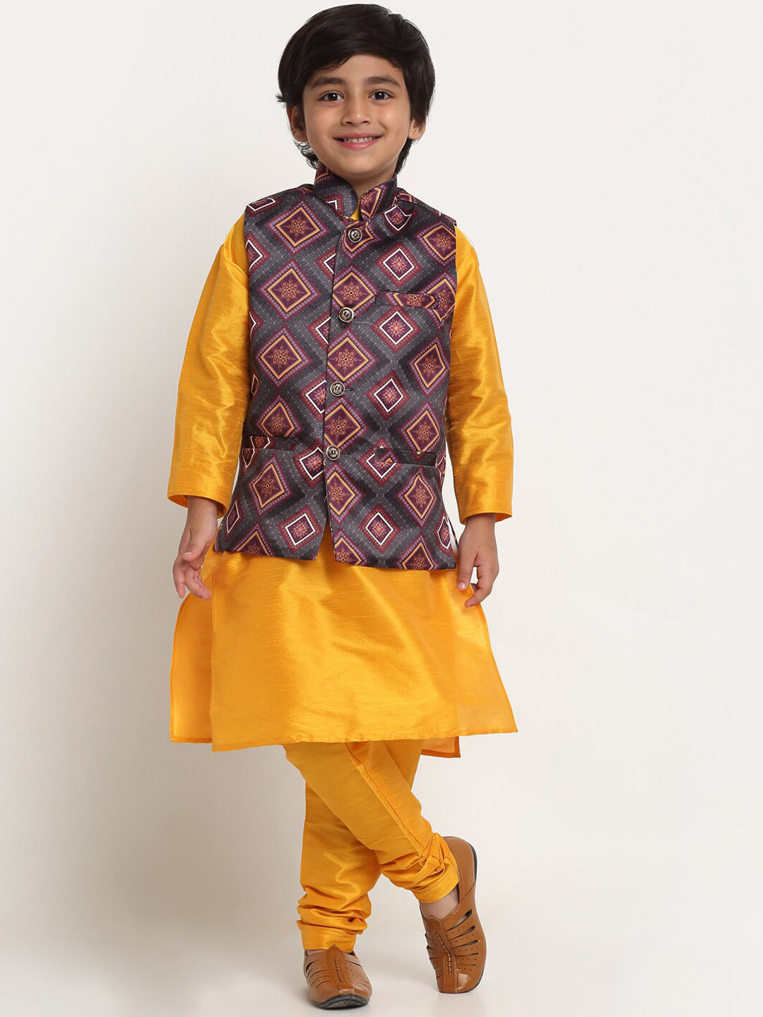 

Benstoke Boys Yellow Solid Kurta with Churidar & Charcoal Grey Printed Nehrujacket