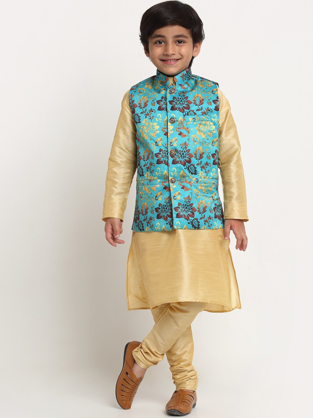 

Benstoke Boys Gold-Toned Floral Printed Kurta with Churidar & With Nehru Jacket