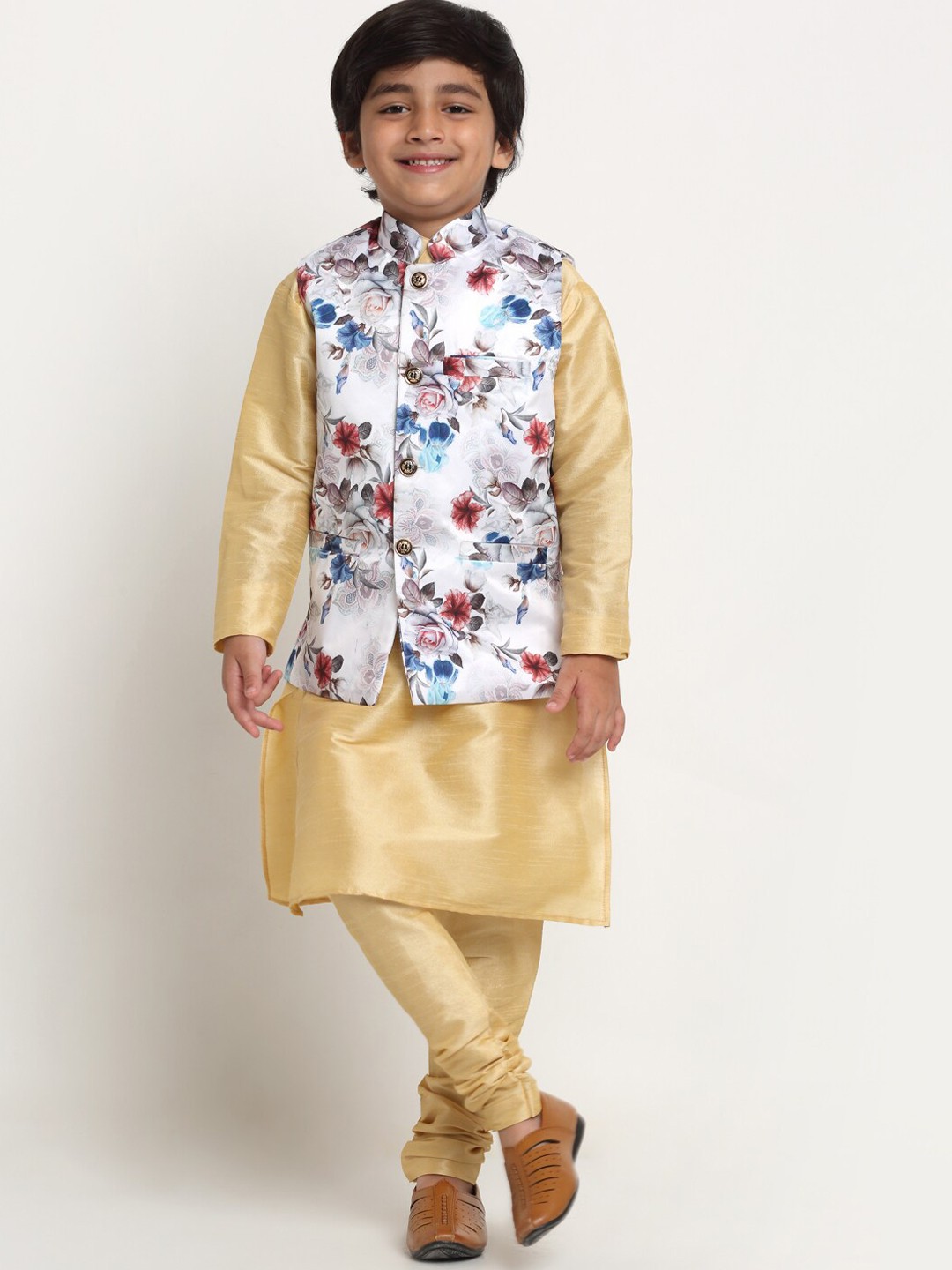 

Benstoke Boys Gold-Toned Floral Printed Kurta with Churidar