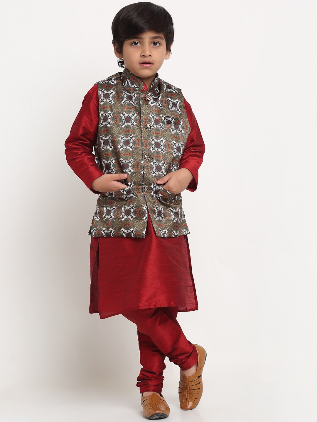 

Benstoke Boys Maroon &Grey Printed Kurta with Churidar & With Nehru Jacket