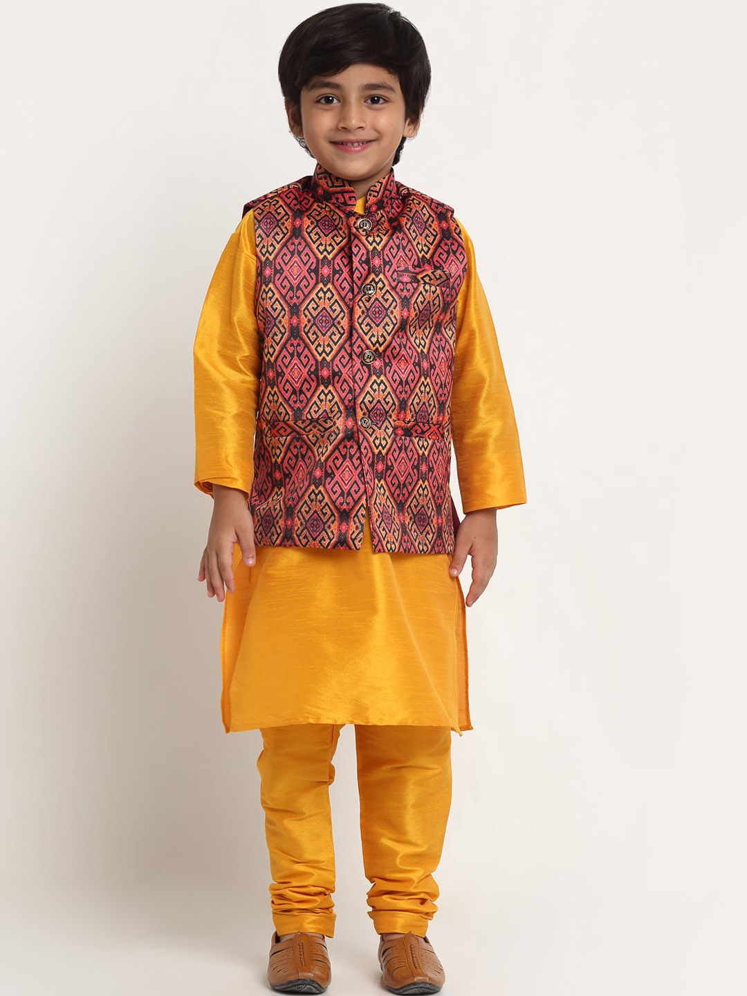 

Benstoke Boys Yellow Kurta with Churidar With Jacket