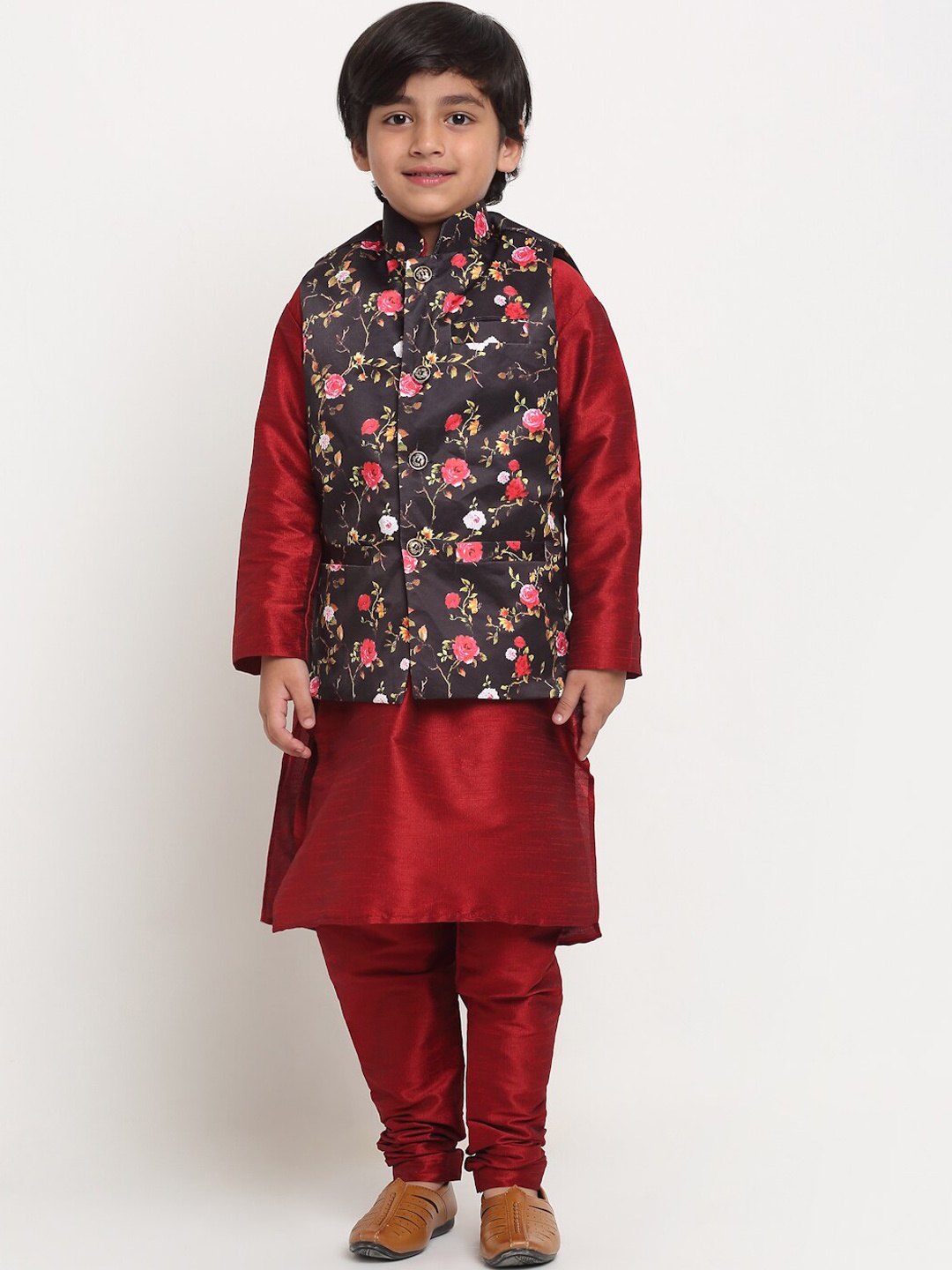 

Benstoke Boys Maroon Floral Printed Kurta with Churidar & With Nehru Jacket