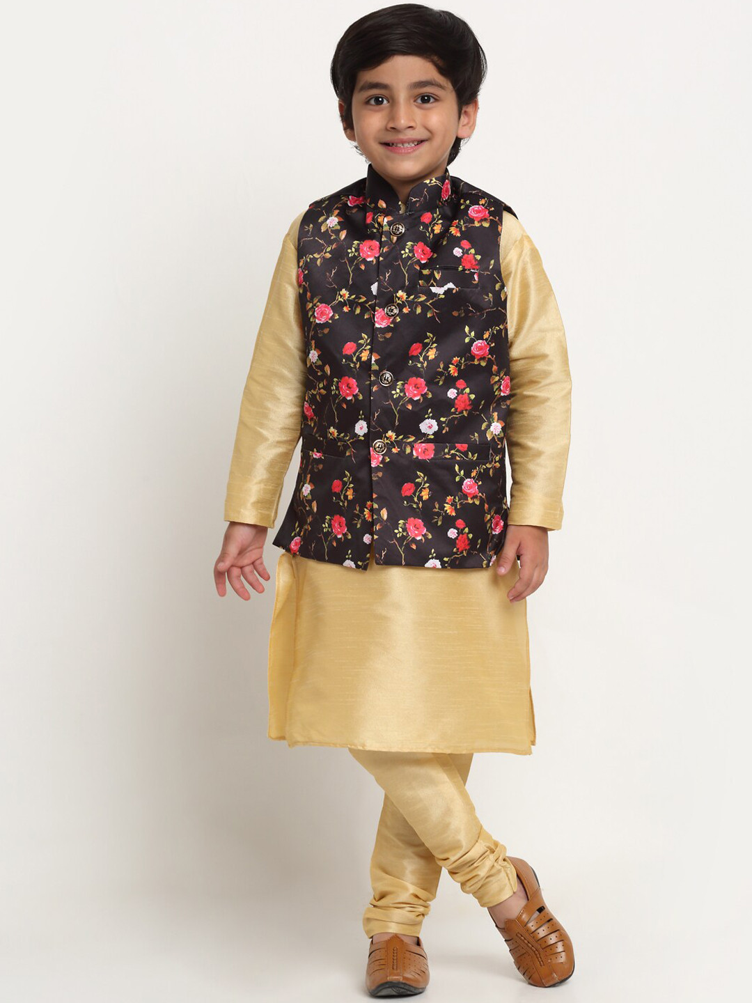 

Benstoke Boys Gold-Toned Kurta with Churidar & Floral Printed Nehru Jacket