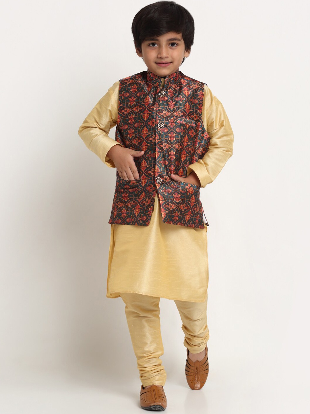 

Benstoke Boys Beige & Teal Solid Straight Kurta with Churidar & With Printed Nehru Jacket