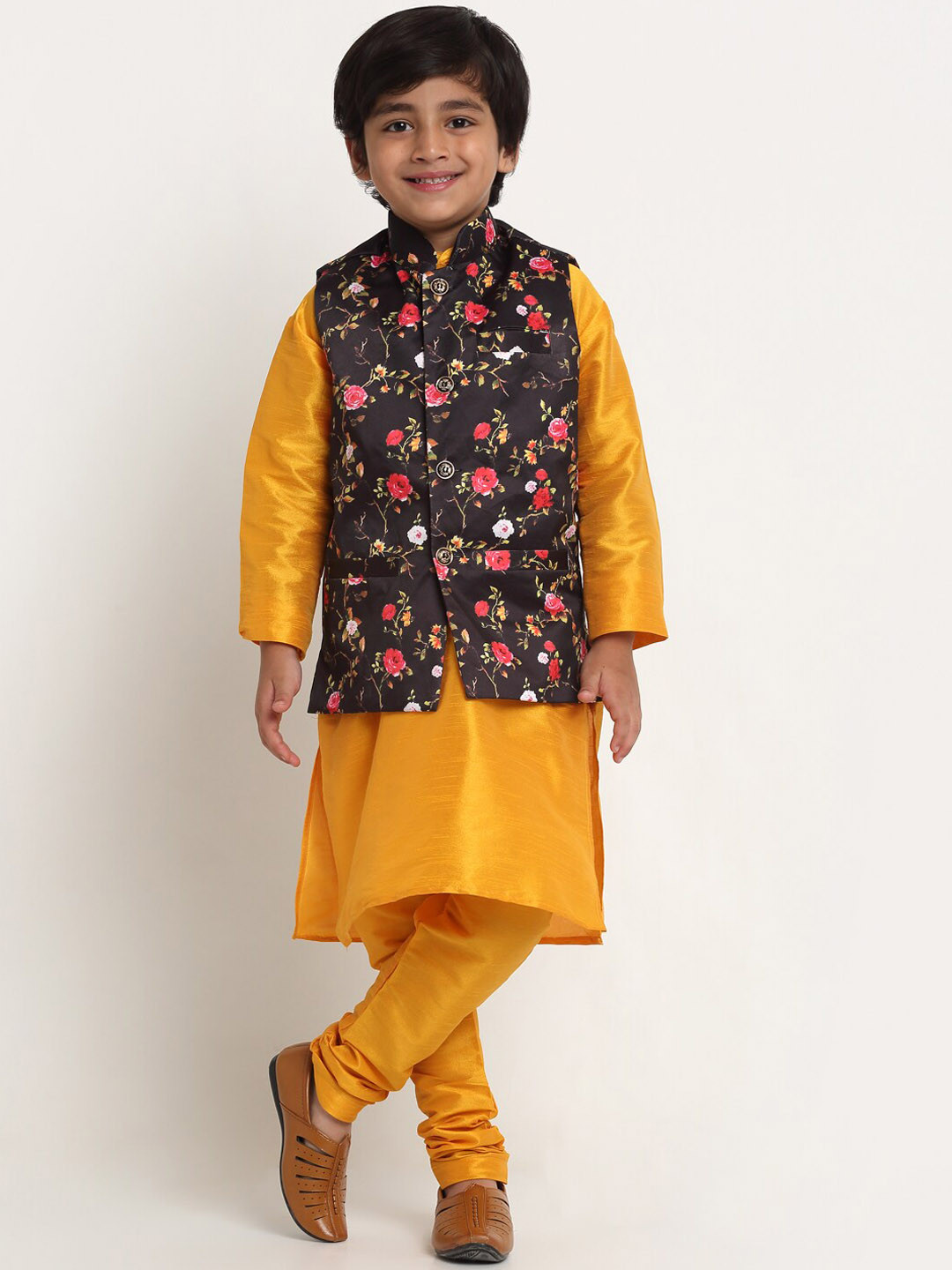 

Benstoke Boys Yellow Mandarin Collar Kurta & Churidar With Printed Nehru Jacket