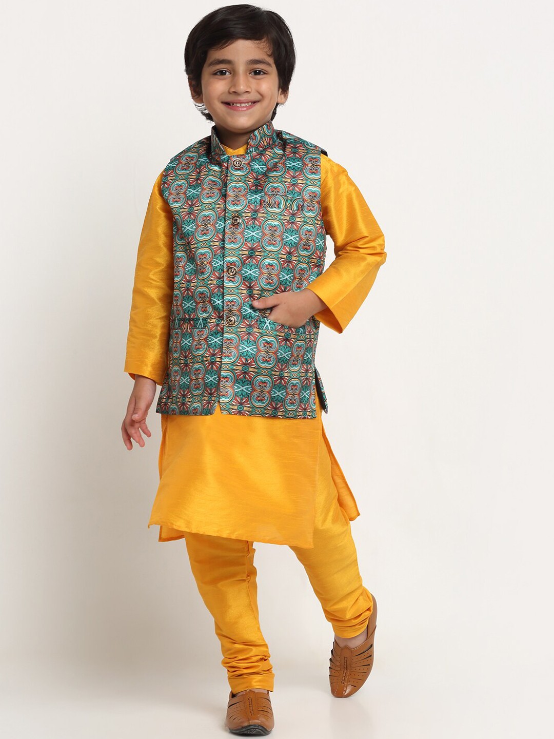 

Benstoke Boys Yellow Kurta with Churidar Comes With Nehru Jacket