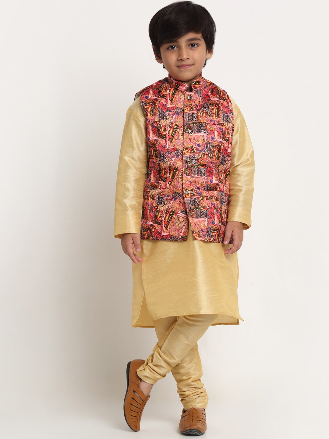 

Benstoke Boys Gold-Toned & Pink Kurta with Churidar & Nehru Jacket