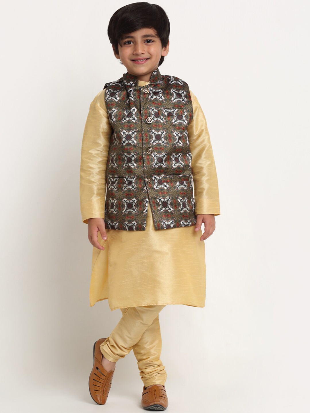 

Benstoke Boys Gold-Toned Kurta with Churidar and Nehru Jacket